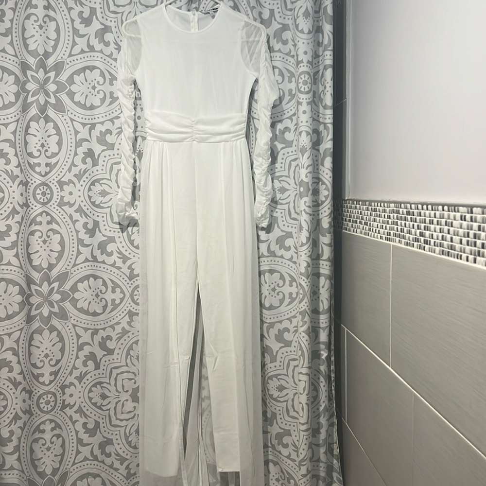 Fashion Nova white tulle long sleeve jumpsuit - Picture 5 of 8